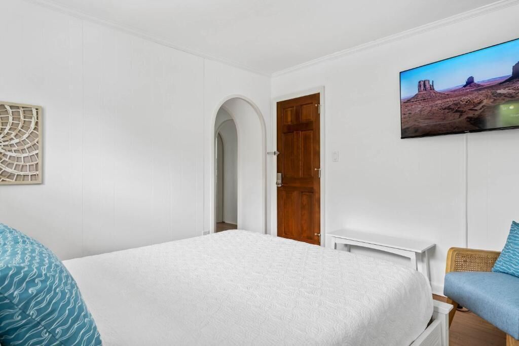 Een slaapkamer met een bed, een televisie, een deur en een aan de muur hangend schilderij.