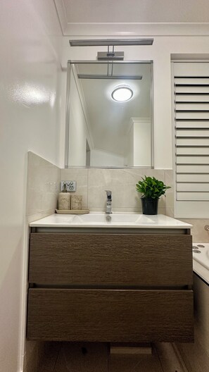 Une salle de bain avec un lavabo blanc, un miroir, une plante en pot et un meuble-lavabo en bois.