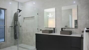 Hair dryer, towels, soap, toilet paper