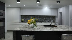Cozinha moderna com ilha de mármore, eletrodomésticos embutidos e iluminação embutida.