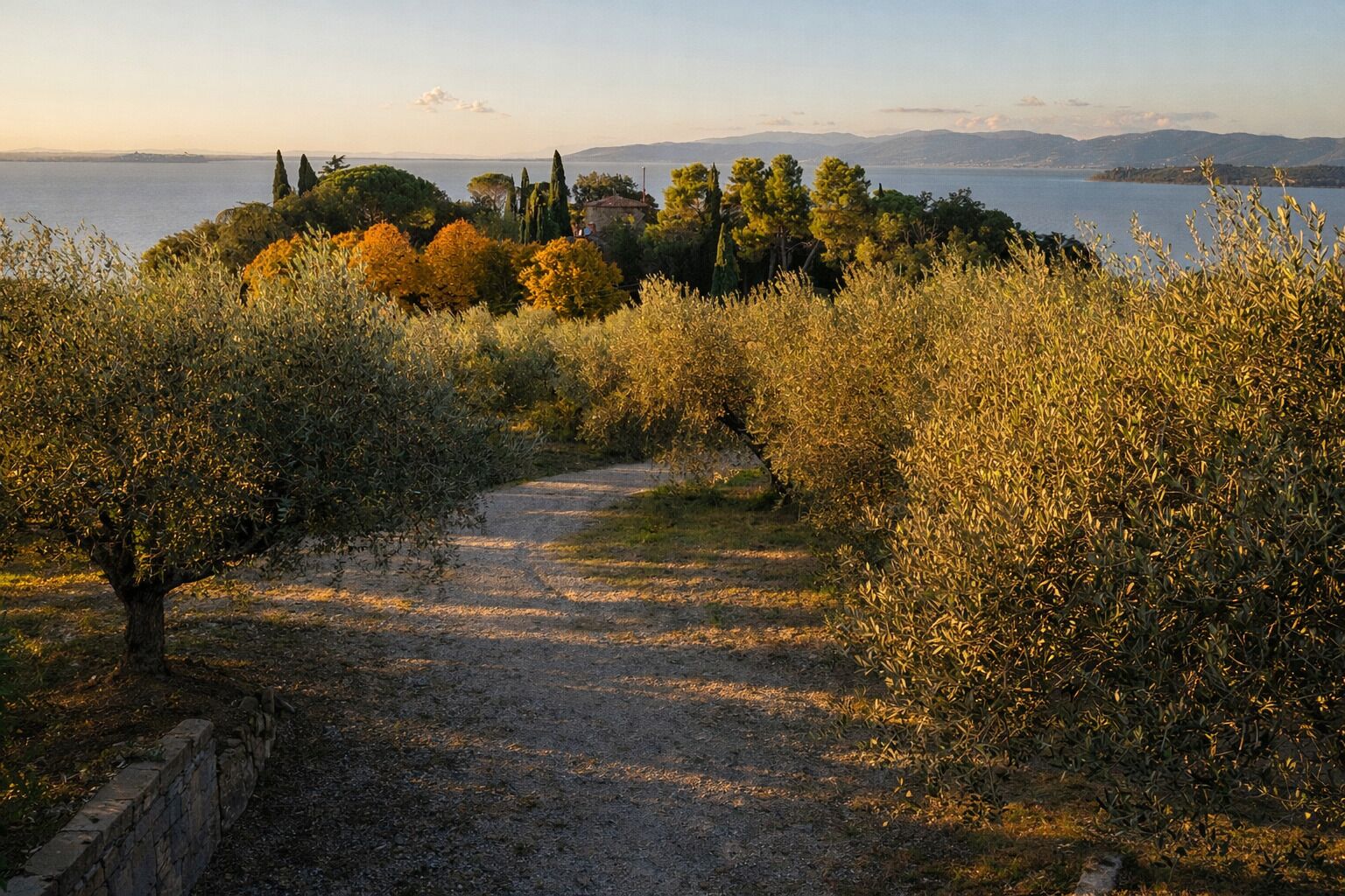A gravel path leading through an olive grove with a view of the sea and distant mountains.