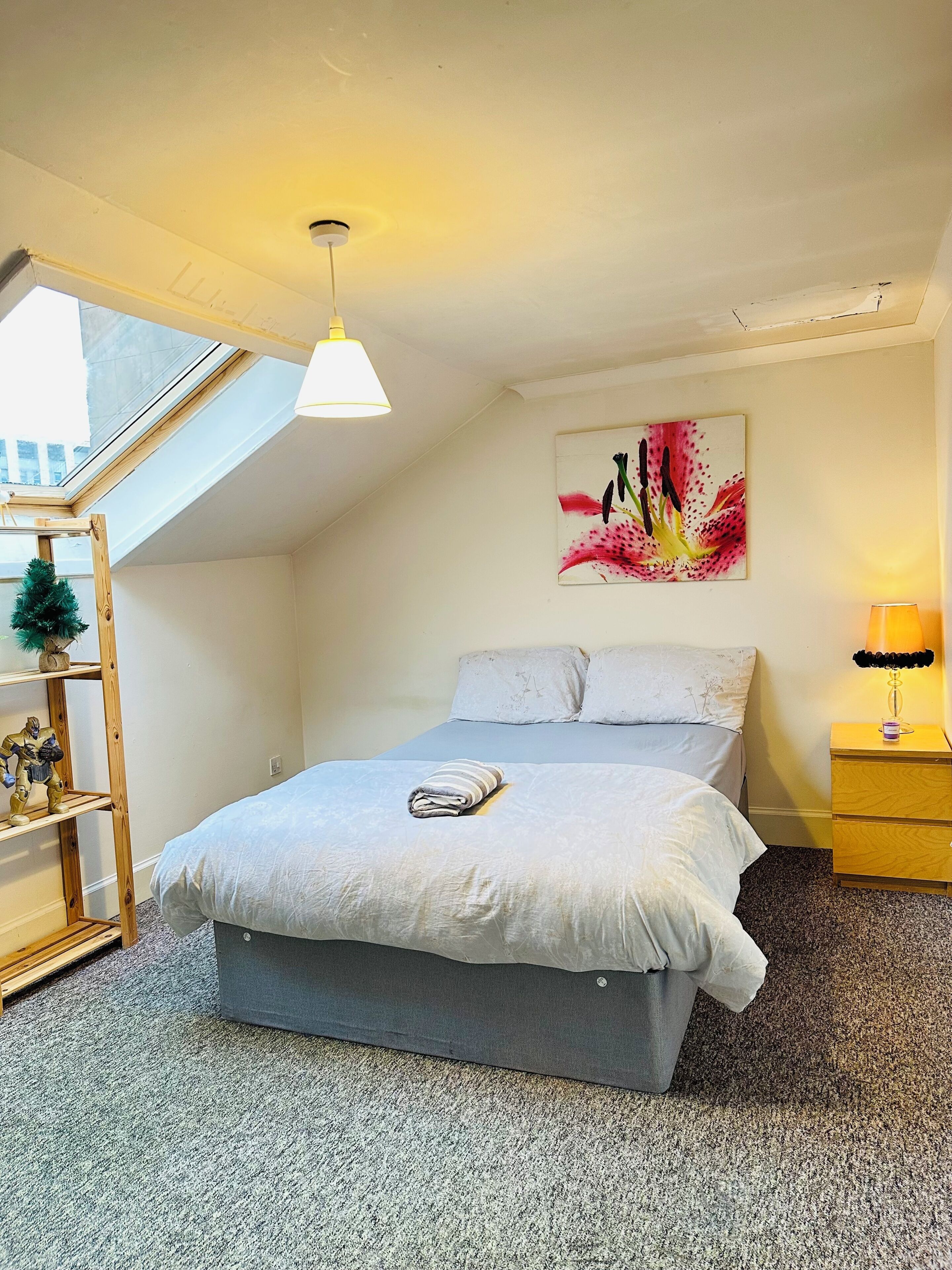 Un dormitorio con cama, mesita de noche, lámpara, estante con una figura, un cuadro y un tragaluz.