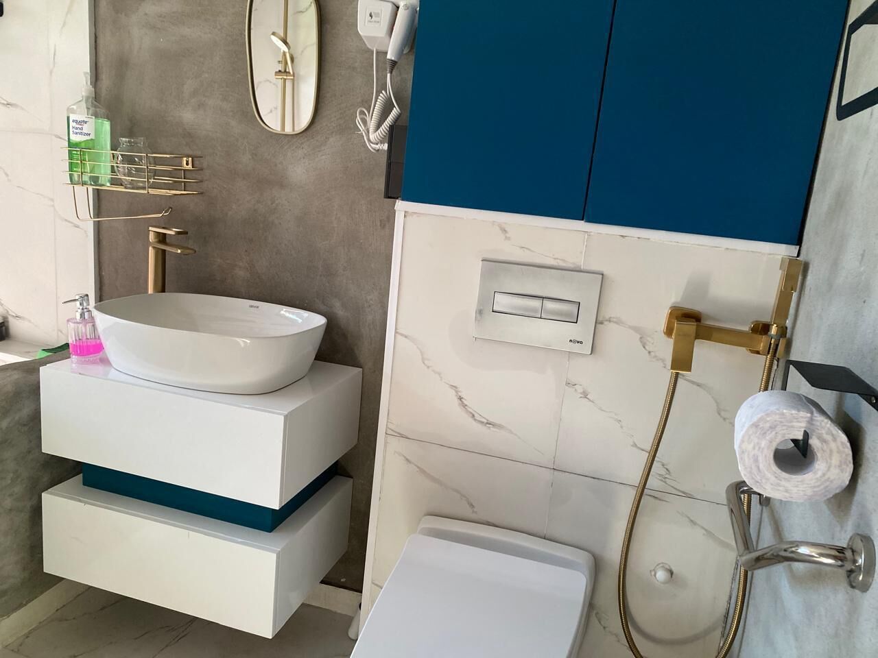 Hair dryer, bidet, towels, soap