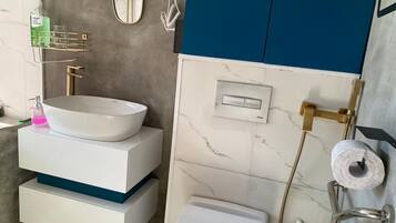 Hair dryer, bidet, towels, soap