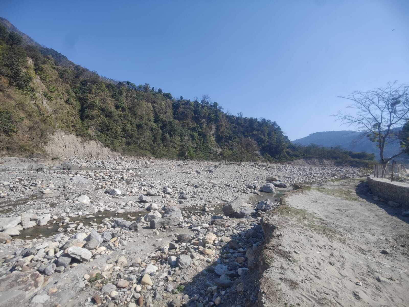 Un letto di fiume roccioso con scarsa vegetazione e cielo sereno.