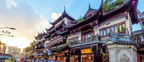 A traditional building with multiple levels and ornate architectural details.