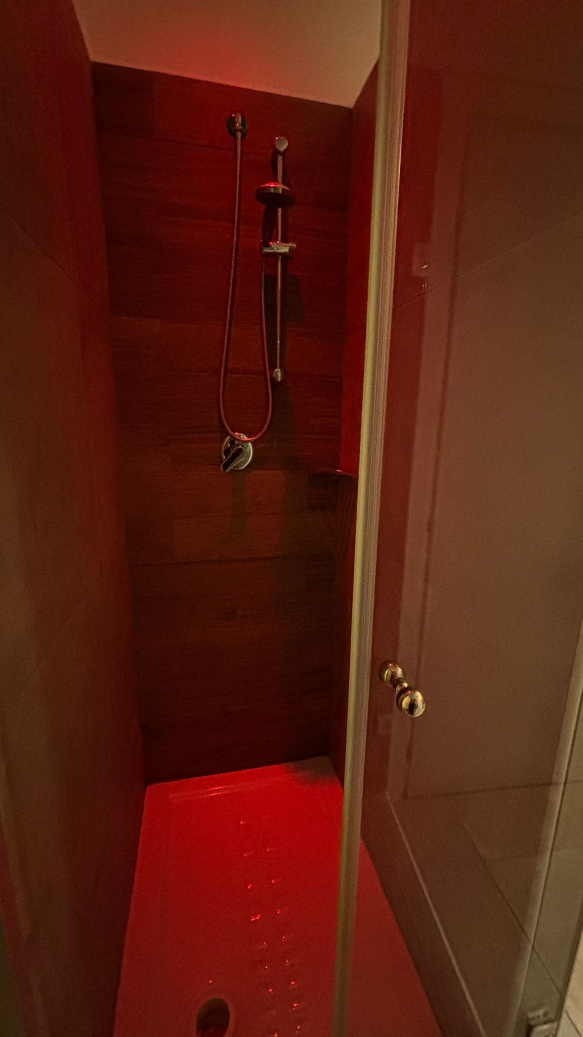 A small, enclosed shower area with a red floor, a showerhead, and a door with a brass handle.