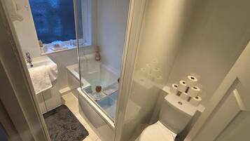 Hair dryer, towels, soap, toilet paper