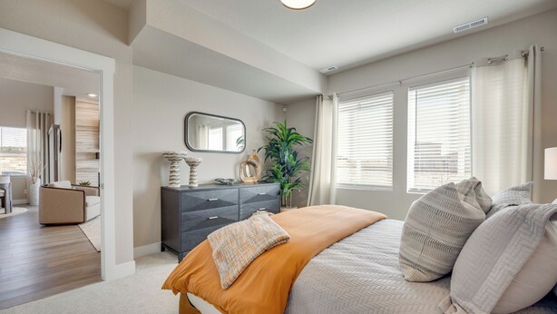 Een slaapkamer met een bed, een dressoir, een spiegel en ramen.