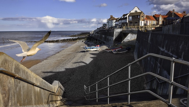 Eine Küstenlandschaft mit einer Treppe, die zum Strand führt, einer fliegenden Möwe und Booten am Ufer.