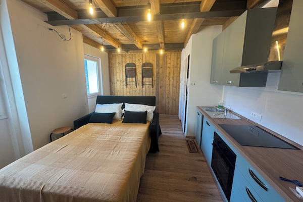 Deluxe Apartment, 1 Bedroom, River View | Private kitchen | Full-size fridge, microwave, oven, stovetop