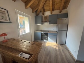 Appart'hôtel Deluxe | Cuisine privée | Grand réfrigérateur, micro-ondes, four, plaque de cuisson