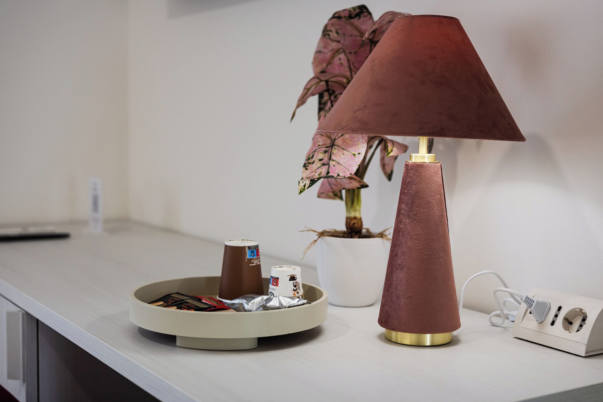 Un bureau avec une lampe, une plante en pot, un plateau contenant divers objets et une multiprise.