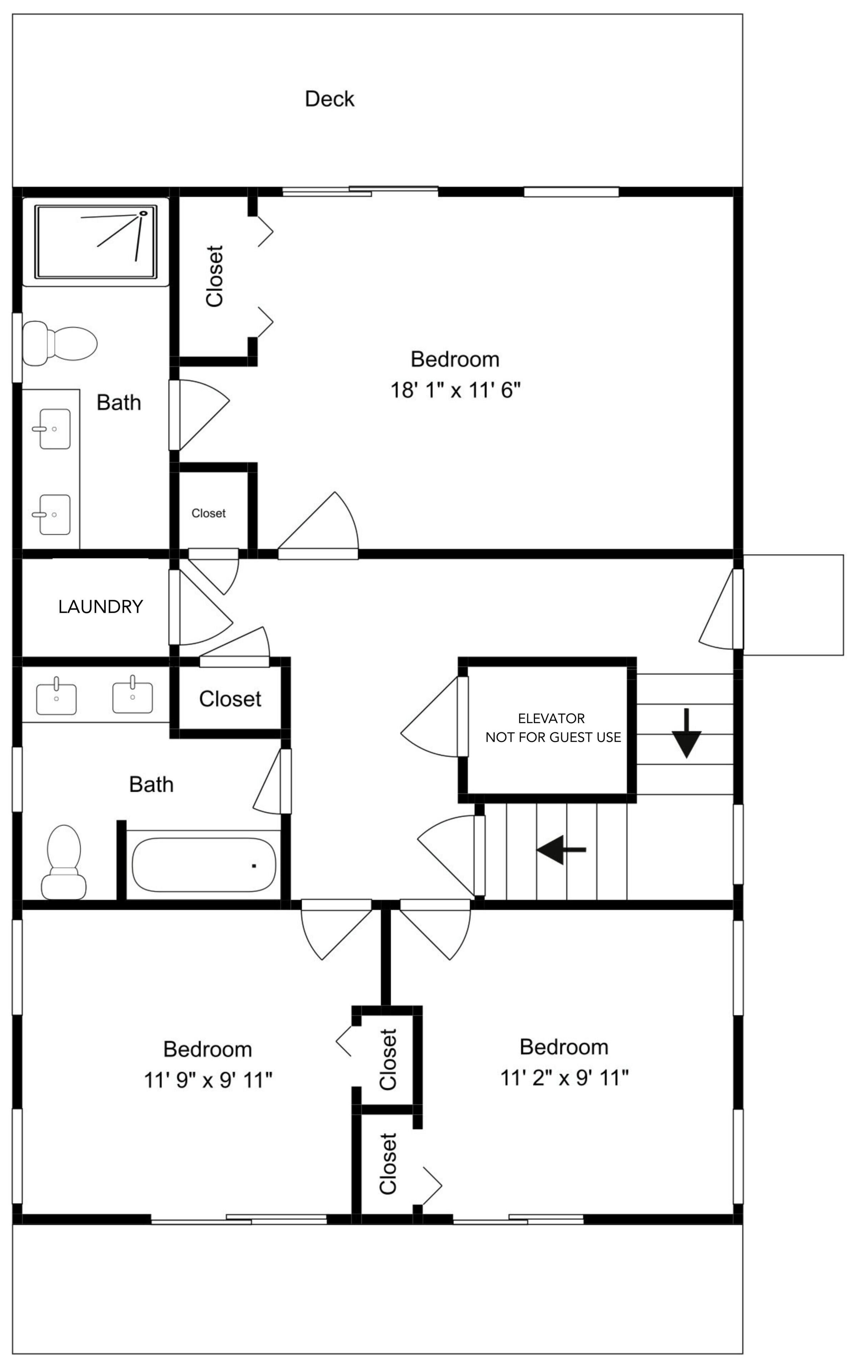 Un plan d’étage comprenant une terrasse, deux chambres, une salle de bain, un espace buanderie et un placard.