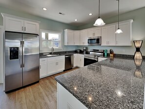 Fridge, microwave, oven, stovetop - Searenity On The Sound | Sound Views, Private Dock + Luxury Amenities (Surf City)