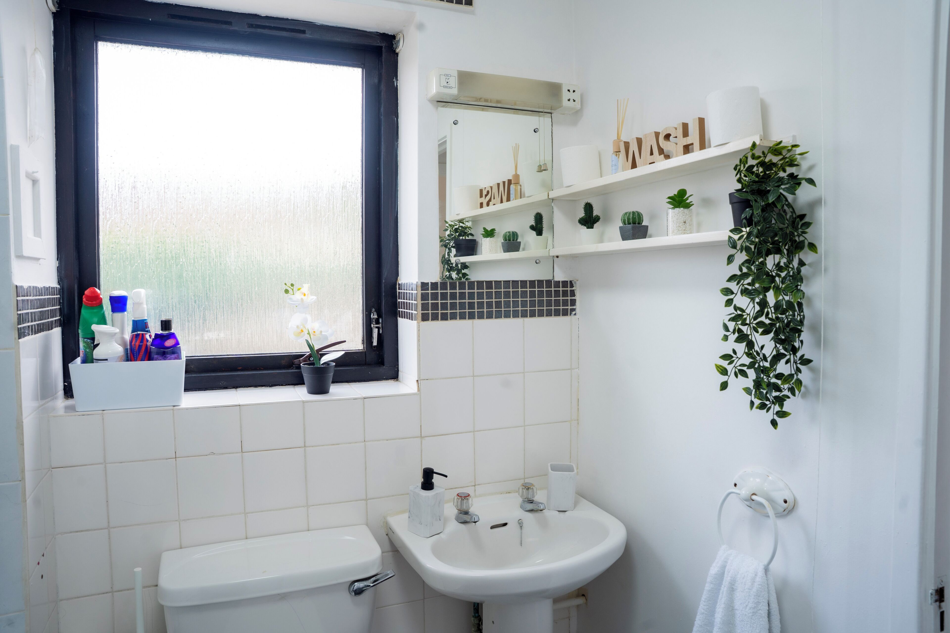 Une salle de bain comprenant des toilettes, un lavabo, une fenêtre, des étagères avec des plantes et un porte-serviettes.
