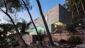 A modern house with a stone pathway, outdoor seating, and a view of the surrounding trees. - Luxury Villa Azure Bay by the sea with heated pool and BBQ, perfect for families and pets (Bobovišća)