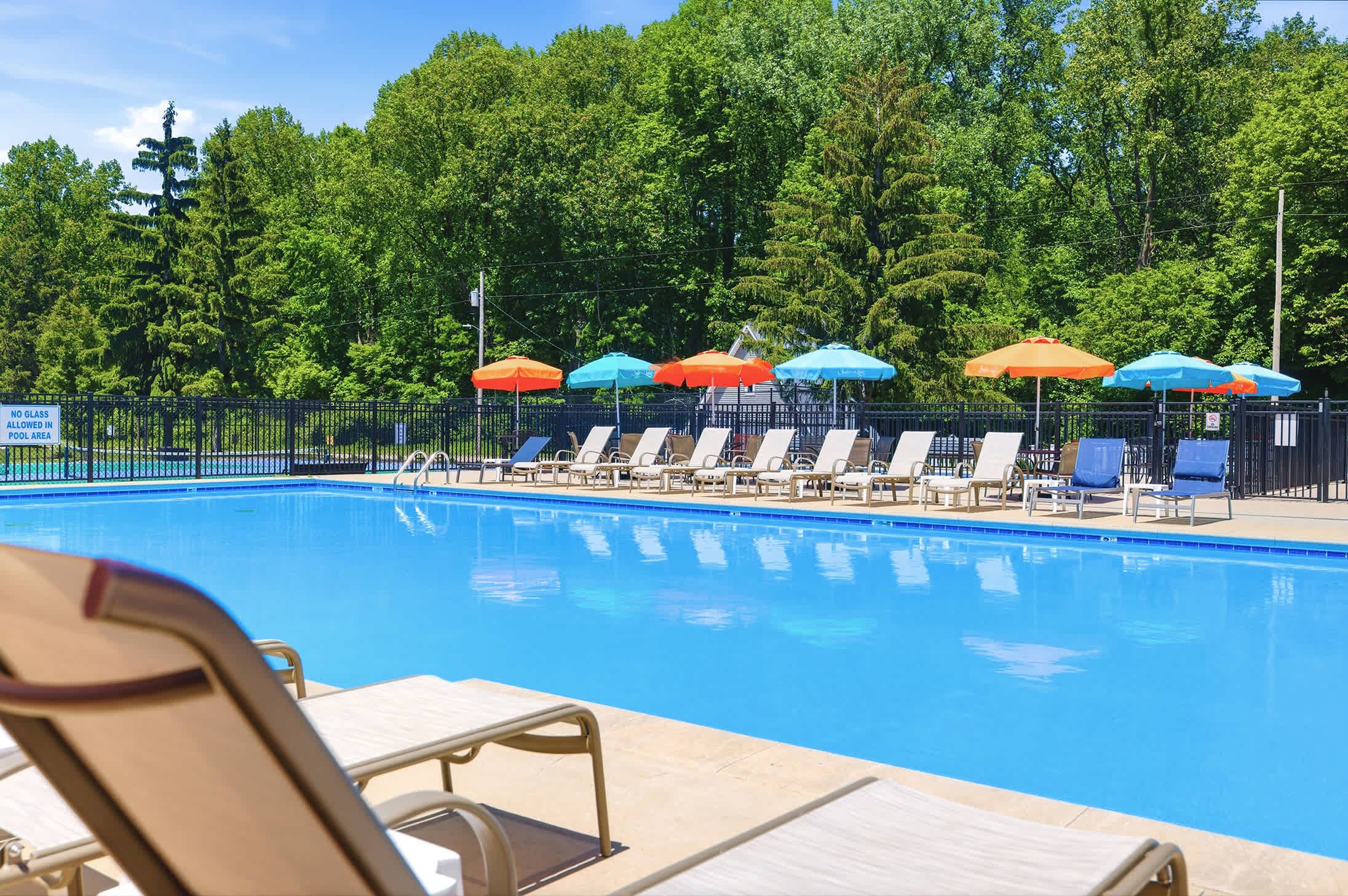 Une piscine entourée d’une clôture et d’arbres, avec des chaises longues et des parasols.