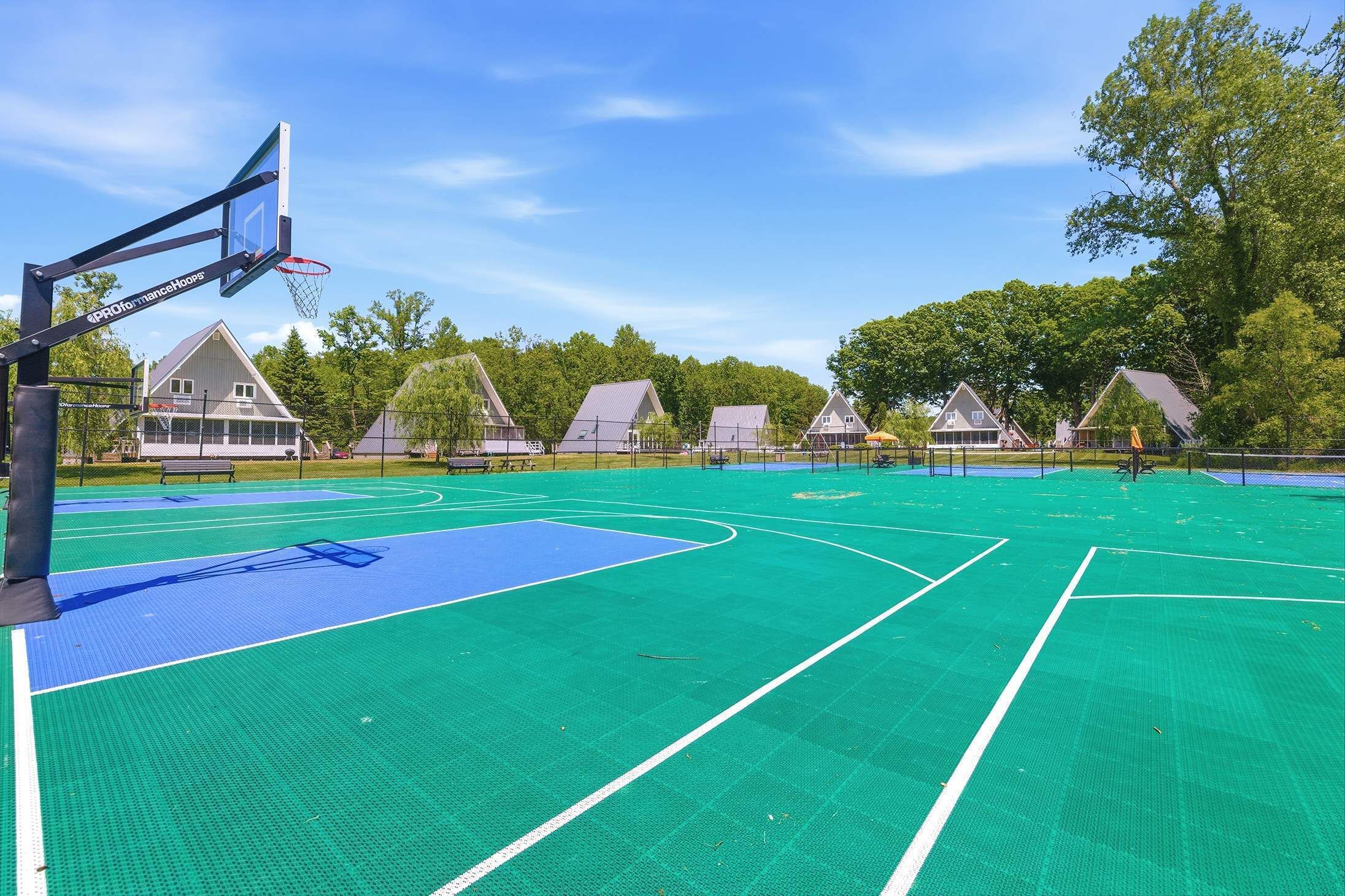 En udendørs basketballbane med en ring, omgivet af træer og huse.