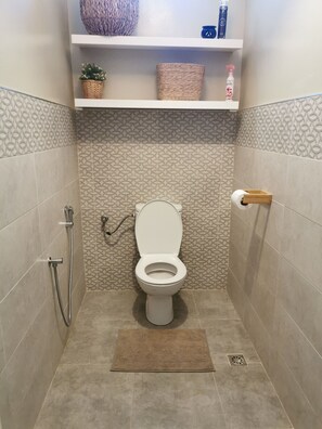 Dusche, Haartrockner, Handtücher, Toilettenpapier
