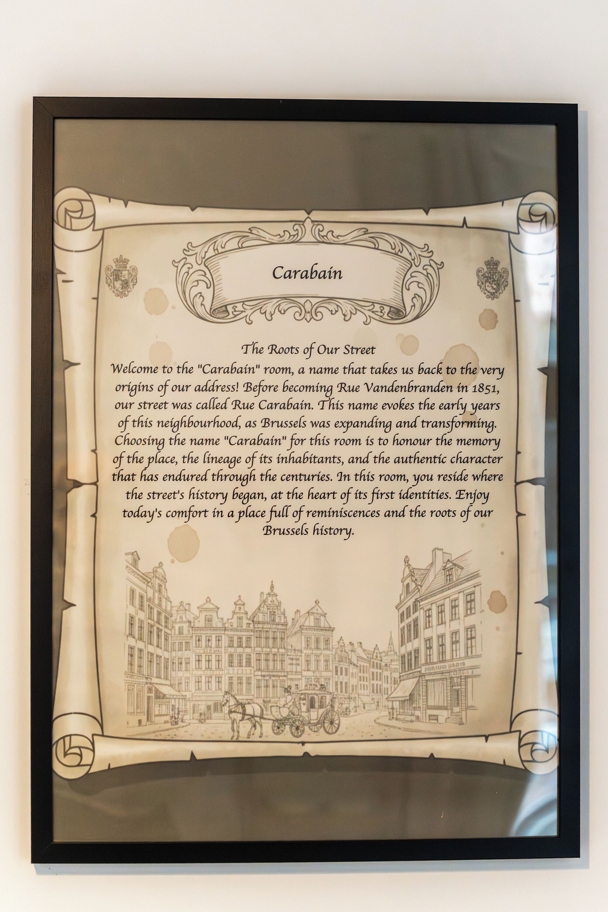 Documento histórico enmarco titulado 'Carabain' con una ilustración detallada de una escena callejera.
