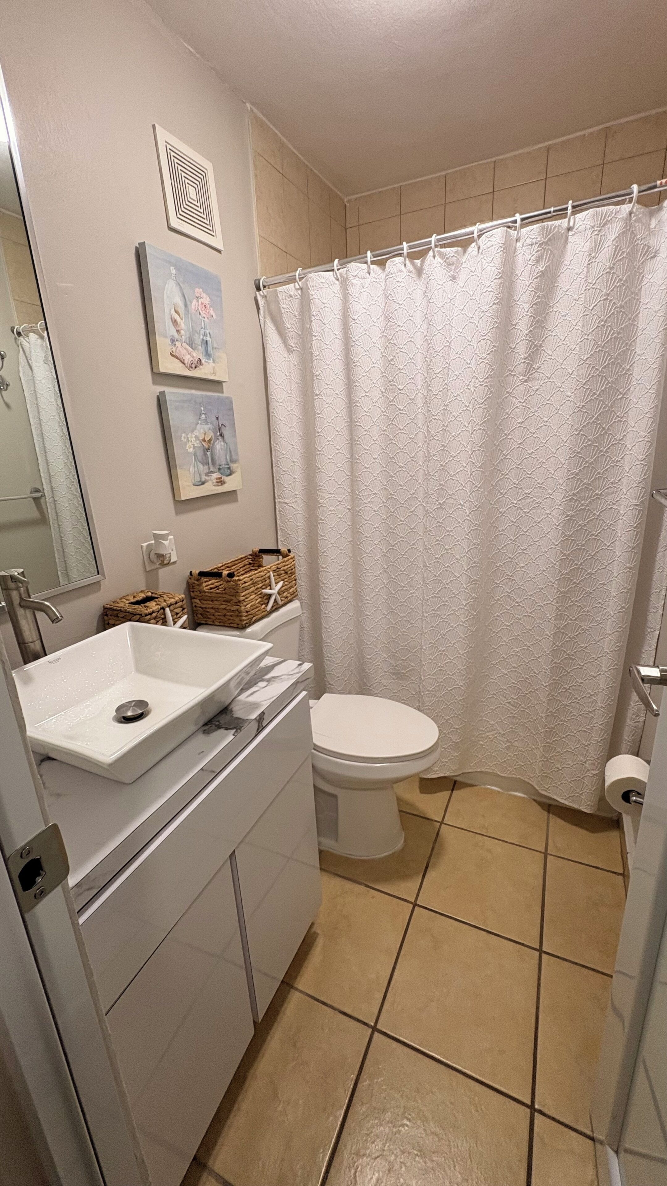 Hair dryer, towels, soap, shampoo