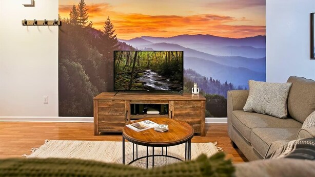 A living room with a TV on a wooden stand, a couch, a coffee table, and a large wall mural of a forest and mountains. - Cute Condo | Hot Tub | Minutes to Pigeon Forge! (Sevierville)