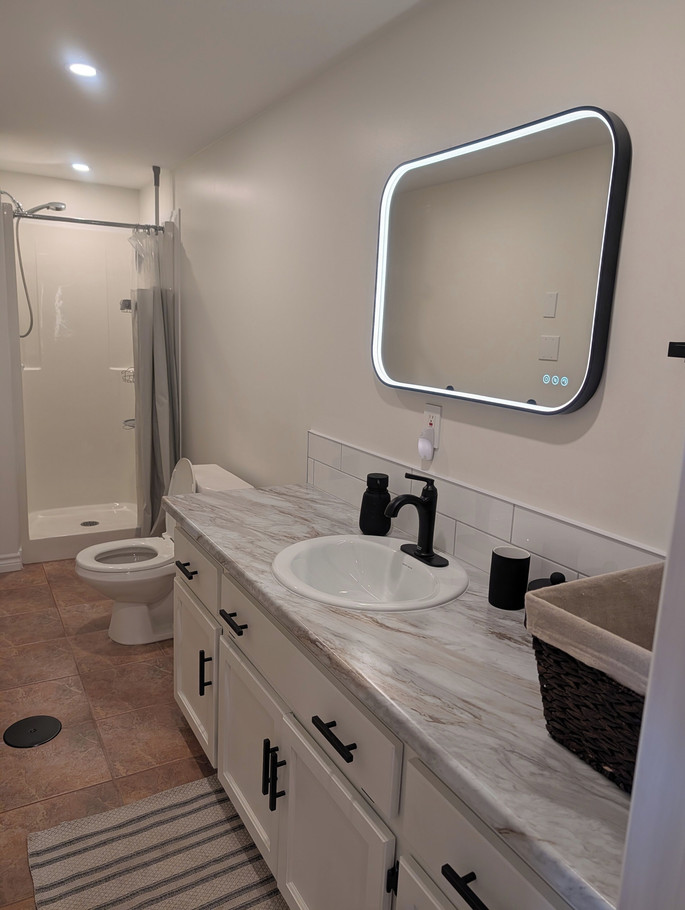 Hair dryer, towels, soap, toilet paper
