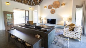 A spacious living area with a large wooden coffee table, a sofa, a TV, and a fireplace. - Villa Riviersig,  a new stylish bushvilla (Hoedspruit)