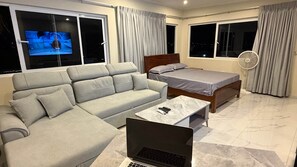 A modern bedroom with a sofa, a bed, a laptop, and a TV. - Elegant Studio good for relaxing and work. (Sint Michiel)
