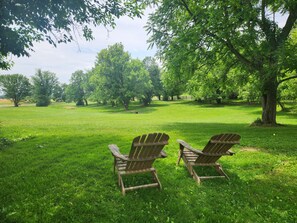 Two Adirondack chairs in a grassy park with trees and a fence in the background.