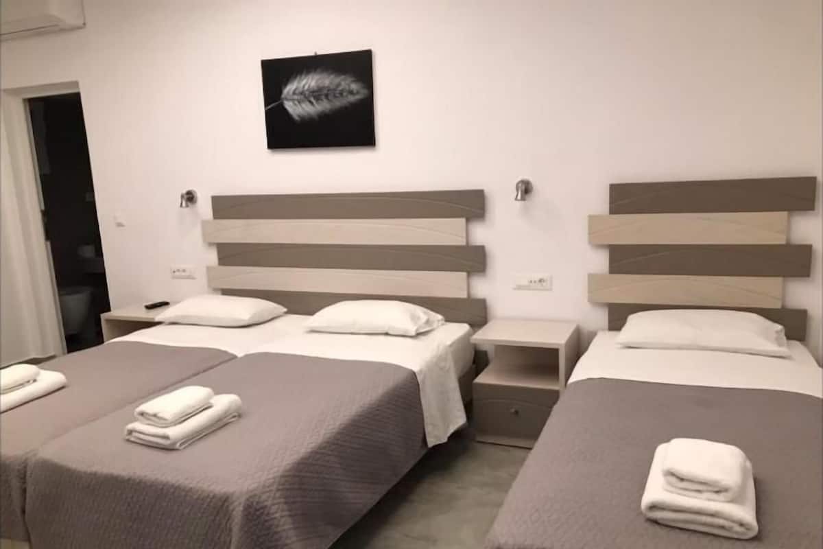 Une chambre d’hôtel avec deux lits, une table de chevet, une œuvre d’art accrochée au mur et une porte.