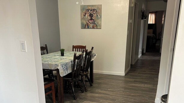 A dining area with a table, chairs, a ceiling fan, and a painting on the wall.