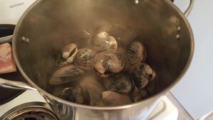 A pot with clams on a stove. - Awesome Oceanfront 4-bedroom watersports cottage in Mystic (Stonington)