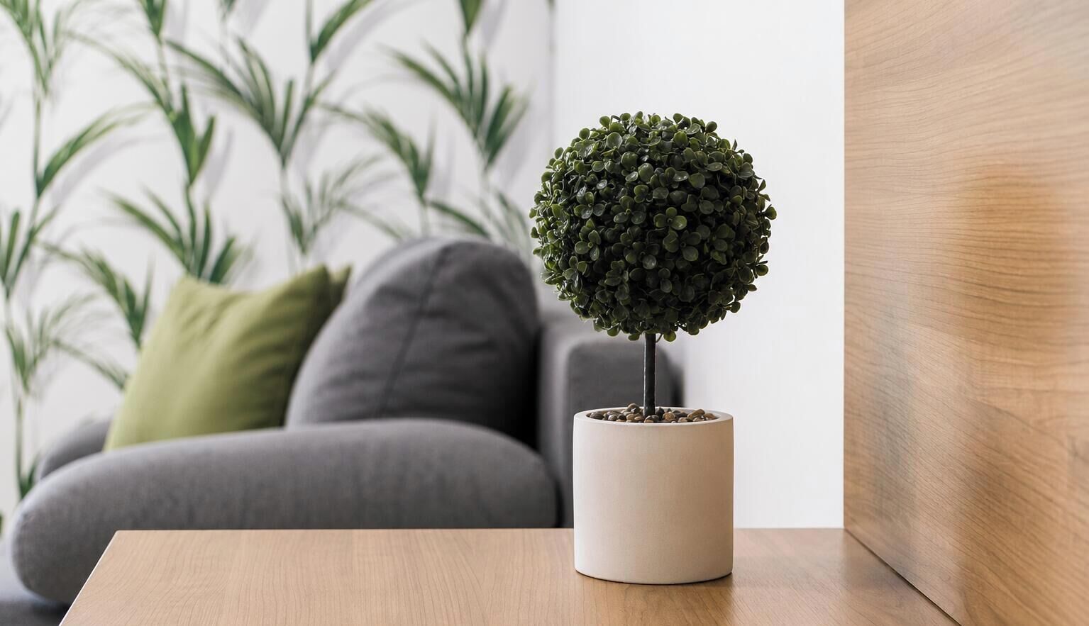 A potted plant on a wooden table with a grey sofa and green cushions in the background.