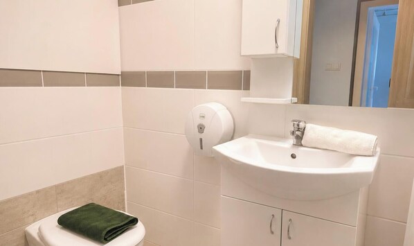 A bathroom with a toilet, a sink, a towel, and a hand dryer. - Tisza Gyöngye Apartmanok (Szeged)