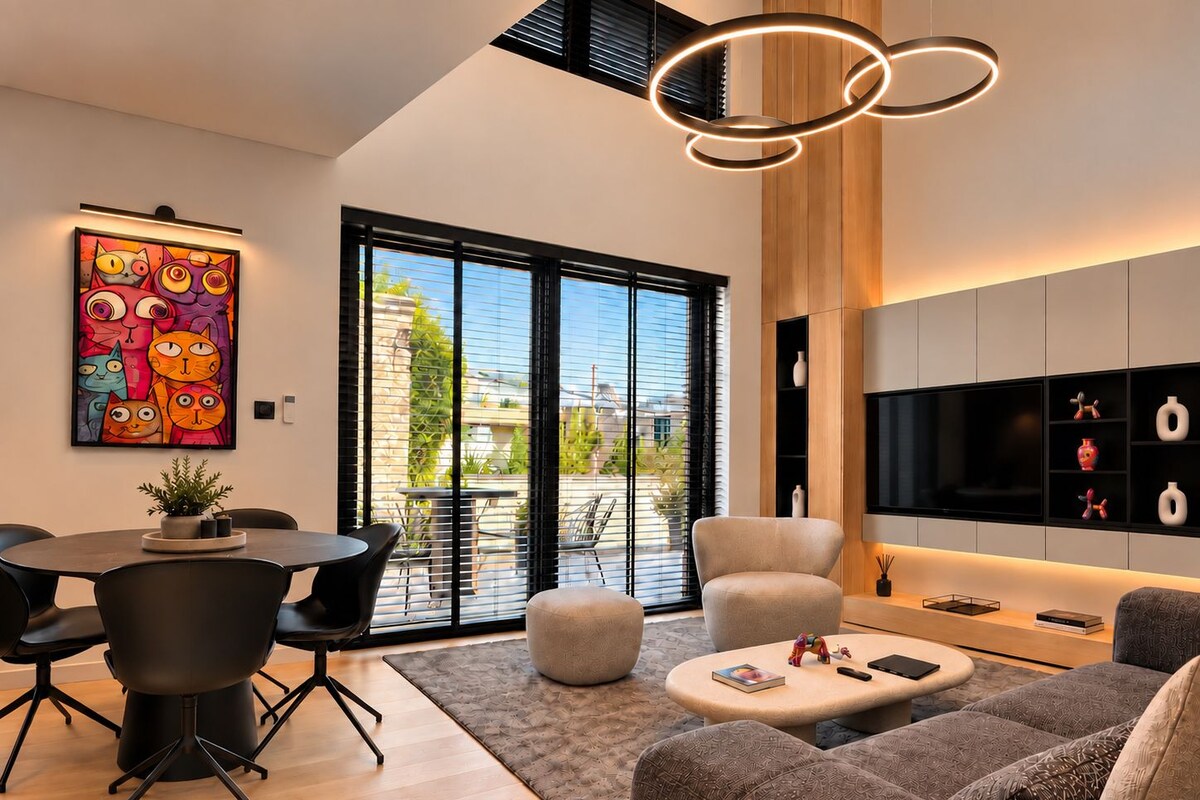 A modern living room with a dining area, large windows, and a flat-screen TV.