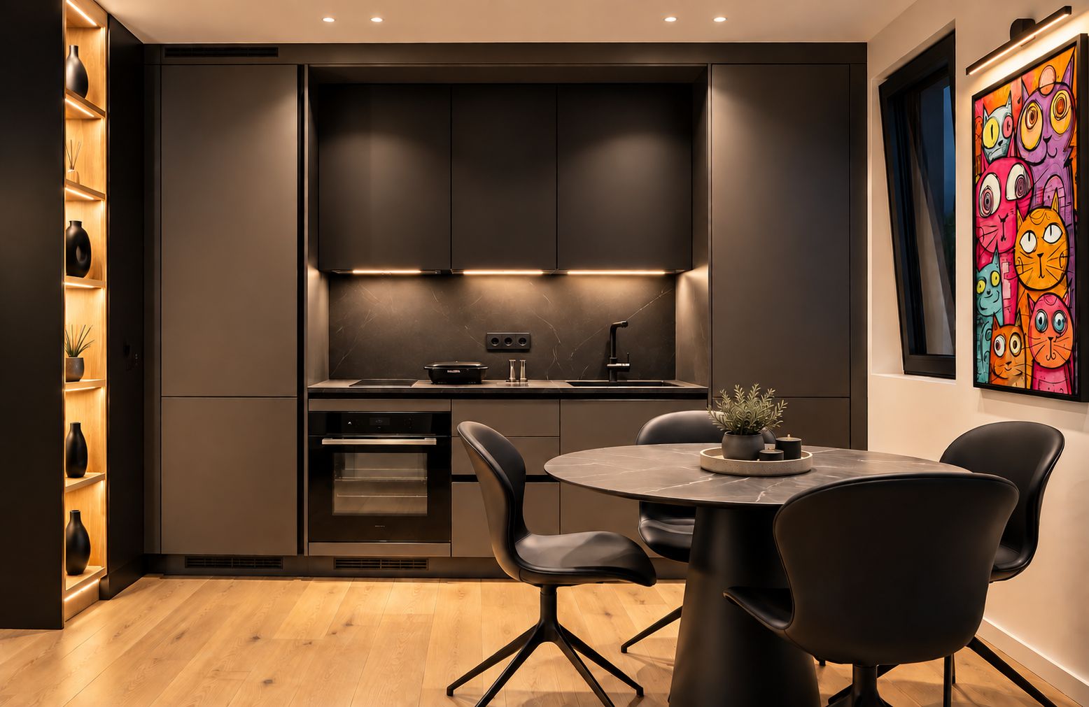 Una cocina moderna con electrodomésticos integrados, un comedor con una mesa redonda y sillas, y un cuadro llamativo en la pared.