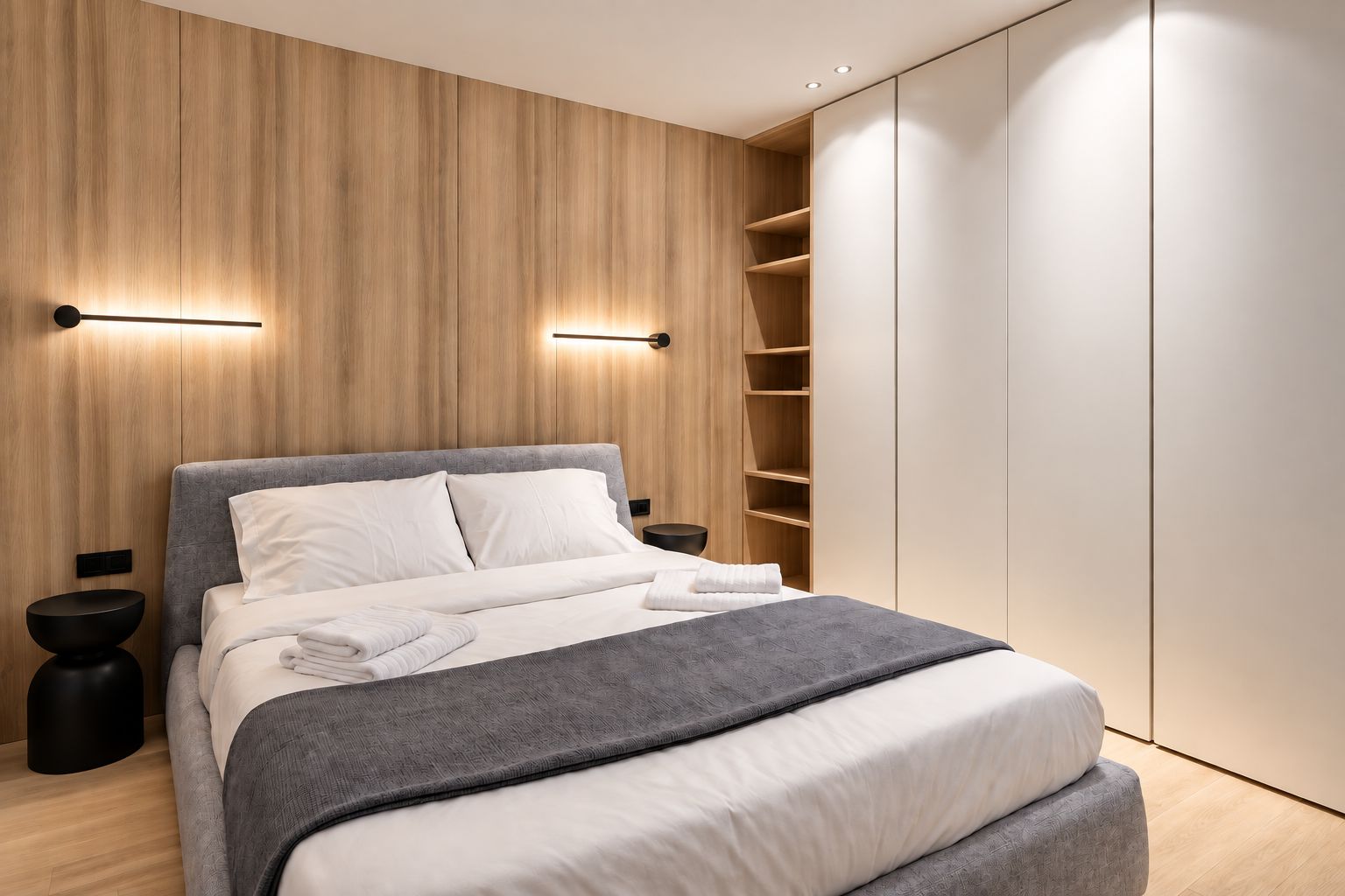 Een moderne slaapkamer met een bed, nachtkastjes en ingebouwde planken.