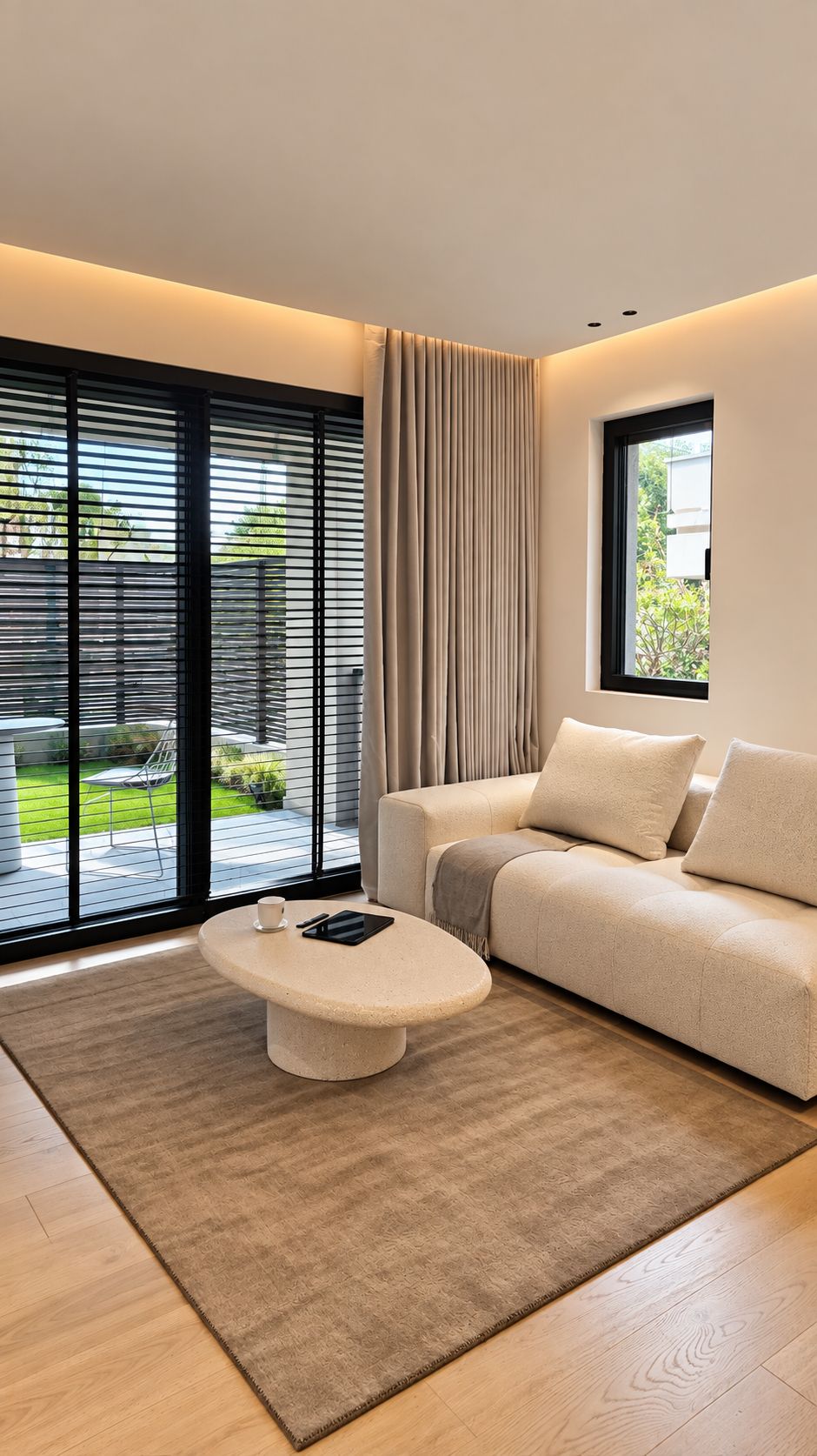 A modern living room with a sofa, a coffee table, and a view of a garden through large windows.