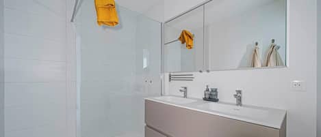 Shower, hair dryer, shampoo, toilet paper