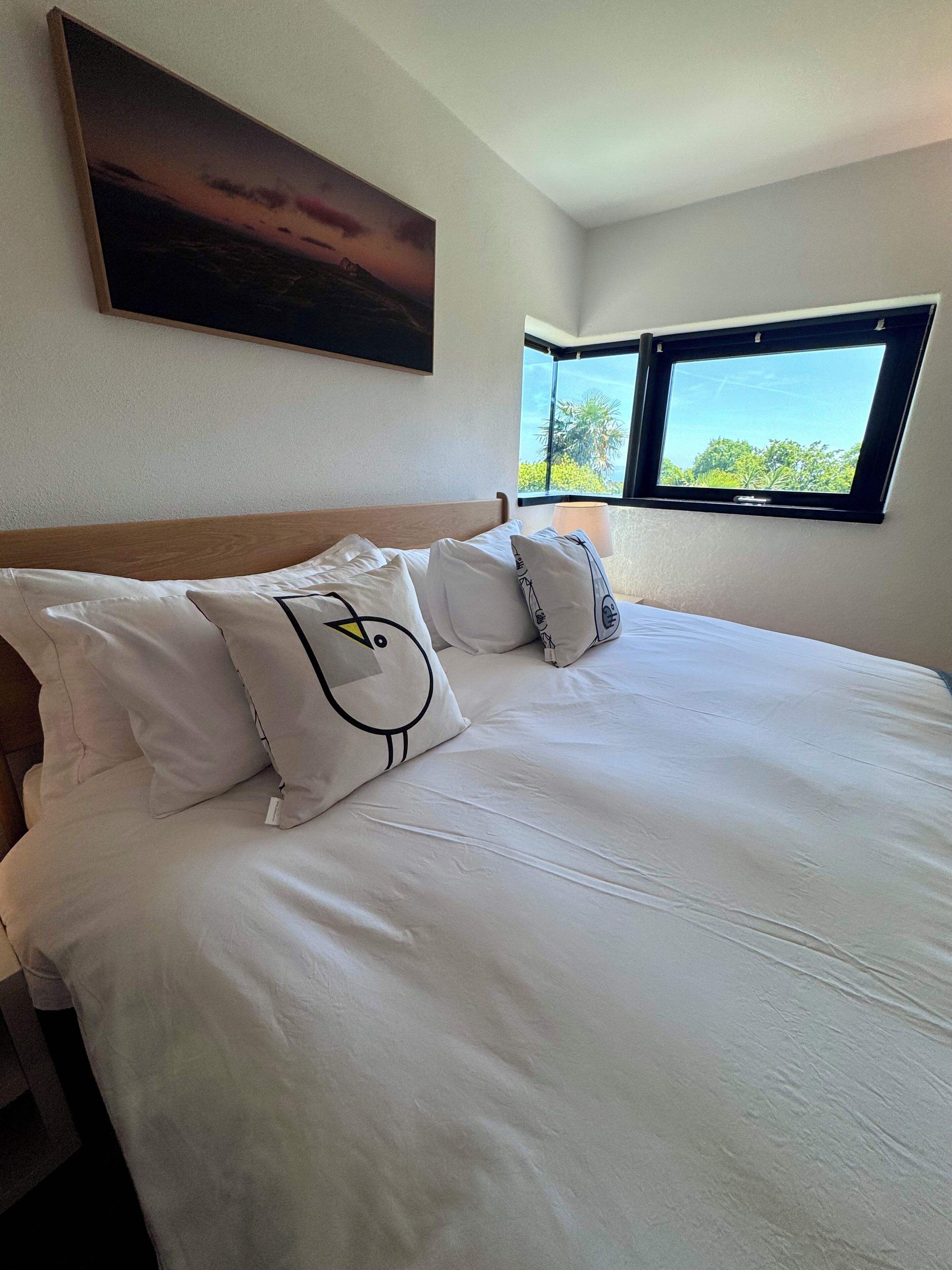 A neatly made bed with white bedding and decorative pillows, a wooden headboard, a large window with a view of greenery, and a painting on the wall.