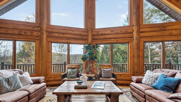 Interior d'una cabana de fusta amb un sostre de fusta ampli, dos sofàs de cuir amb coixins, una taula de centre i vista a l'exterior a través de grans finestres.