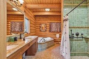 Shower, jetted tub, hair dryer, towels