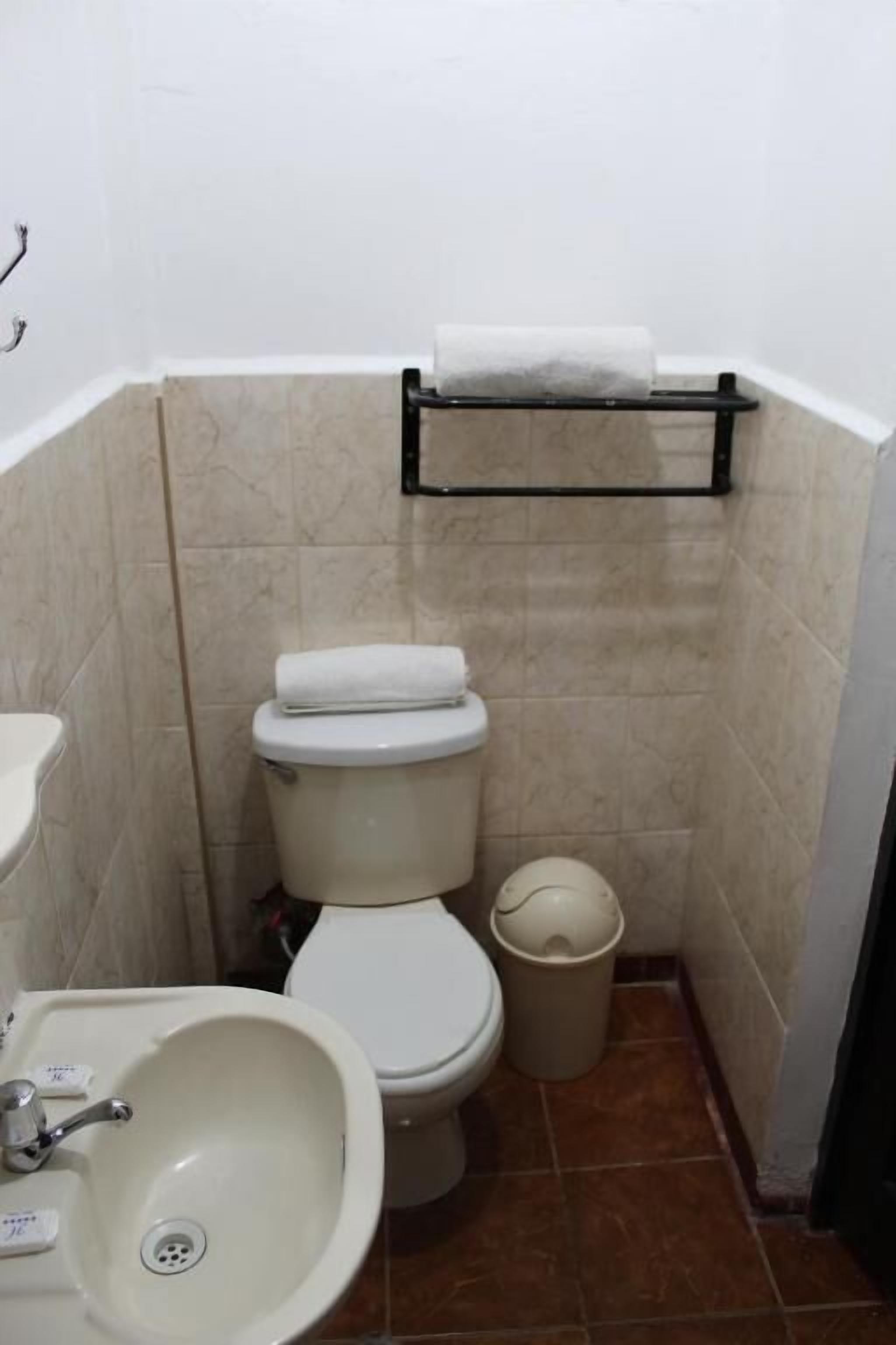 A small bathroom with a toilet, sink, and a towel rack.