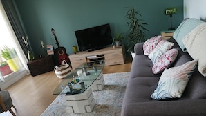 Un salon avec un canapé, une table basse, un téléviseur, une guitare et une plante.