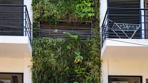 Un edificio con puerta de madera, un balcón con plantas y un letrero que dice 'NEREA LIVING'.
