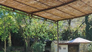 Un área de estar al aire libre con mobiliario de mimbre, un muro de piedra y una piscina al fondo.