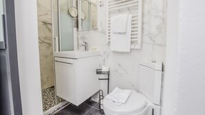 A modern bathroom with a shower, toilet, and vanity. - APPARTEMENT PARIS 10eme CANAL ST MARTIN (Paris)