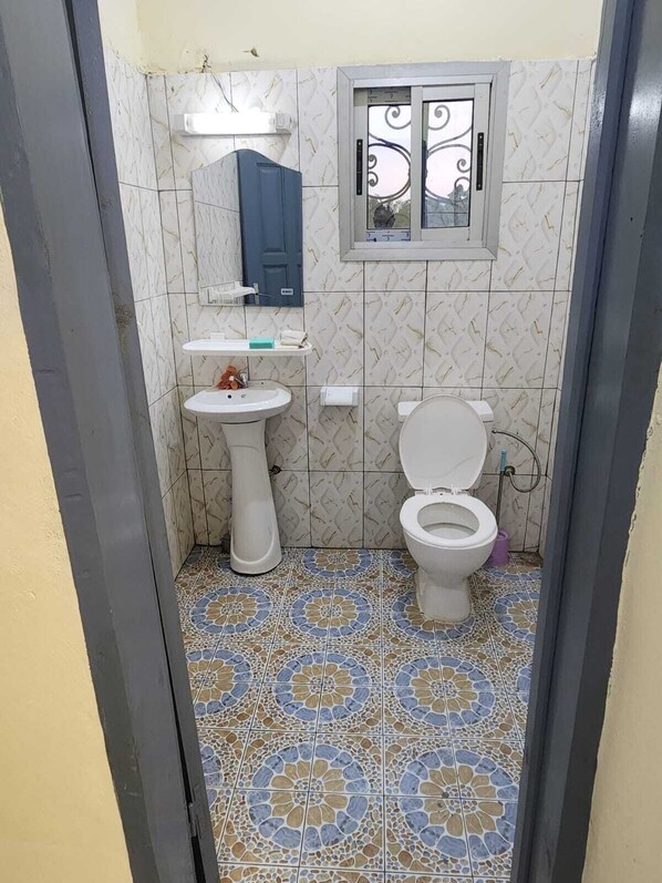 Un baño con inodoro, lavabo y espejo.